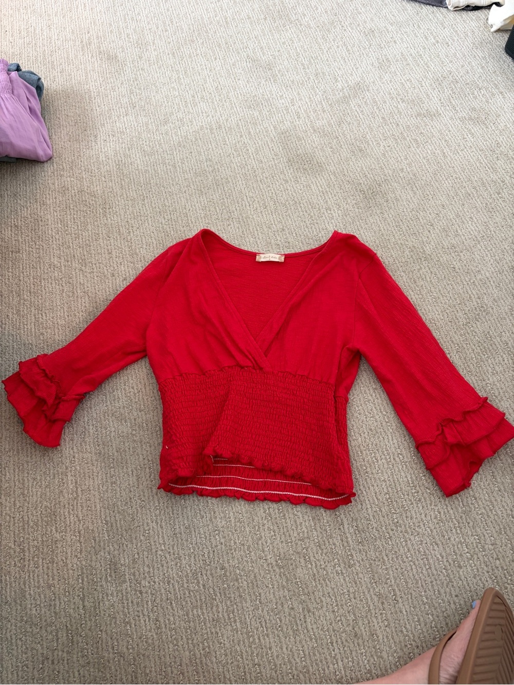 Altar'd State Red Smocked Ruffle Sleeve Crop Top